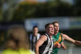 North Albury's Josh Minogue (right) has played a variety of roles since returning to the club, including the ruck, but he showed how devastating he can be as a deep forward with 11 goals against Wodonga Raiders.