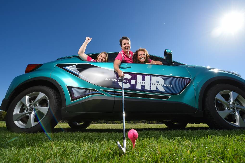 FORE: Renae Pitargue (left), Jenny Garner and Tracy Quinlivan will be hoping to win a car with a hole in one at a major women's event next week. Picture: MARK JESSER