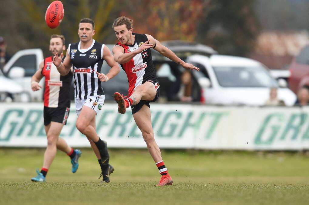 EXCELLENT ELLARD: Myrtleford's Tom Ellard kicked three goals against the Pies with his penetrating left foot setting up a number of attacking forays. Picture: MARK JESSER