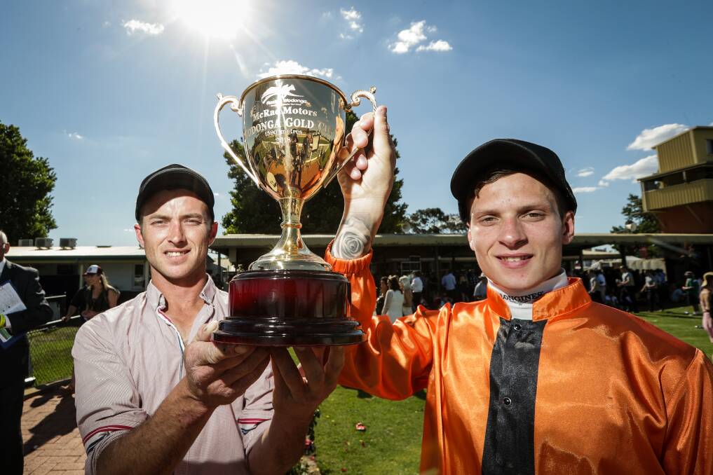DYNAMIC DUO: Mornington trainer Logan McGill and jockey Zac Spain claimed the Wodonga Cup in thrilling fashion. Picture: JAMES WILTSHIRE