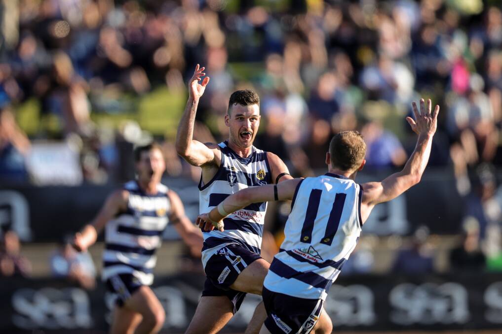 Yarrawonga's Bailey Frauenfelder celebrates his final quarter goal, after moving forward from defence, against the Tigers. Picture by James Wiltshire