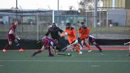 Wodonga's Aaron Sonter fires at goal from a short corner against Falcons. Picture by Hockey Albury Wodonga