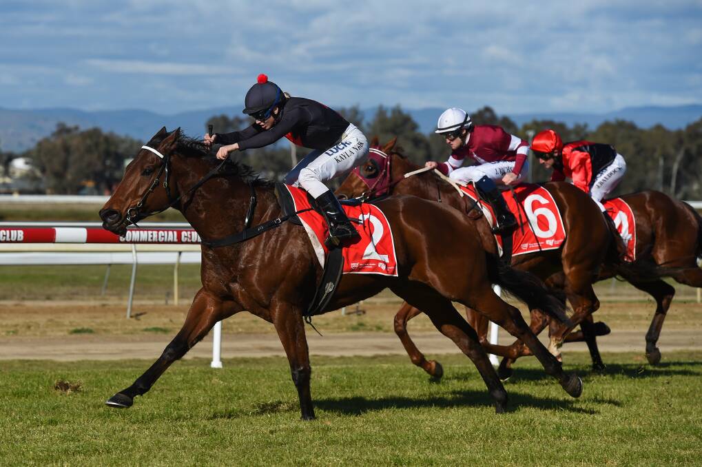 BEER CHEER: Trainer Mitch Beer's Broadstone (number 2) won the Class One Handicap at Albury over 1400m. Picture: MARK JESSER
