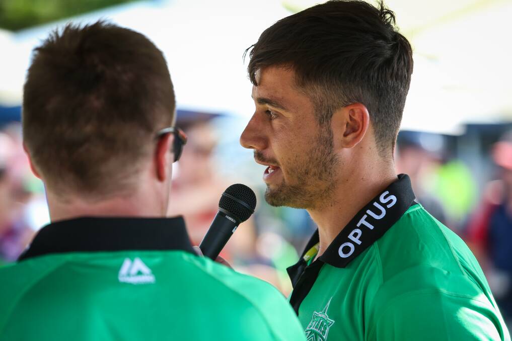 Melbourne Stars' Marcus Stoinis speaks to the crowd at Wodonga's Kelly Park when the franchise was last on the Border in December, 2017.