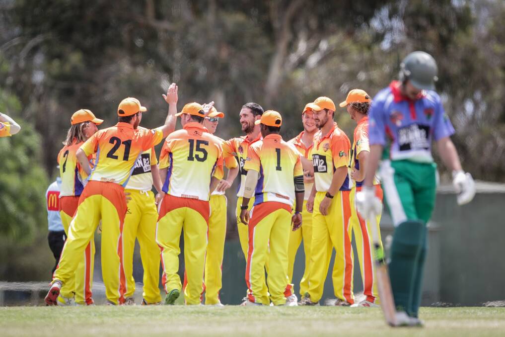 Border Bullets celebrate a wicket against Murrumbidgee Rangers last season. The Regional Bash has now moved to a knockout competition, due to COVID.