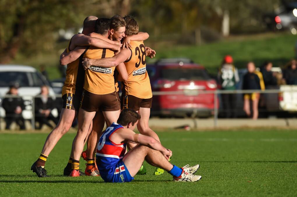 JOY OF VICTORY, AGONY OF DEFEAT: The delighted Hawks celebrate, while the Bulldogs can only think what-if just after the siren.