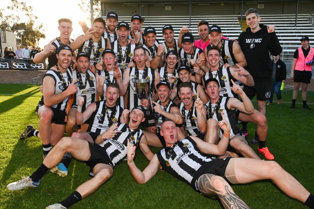 Wangaratta celebrates its riveting three-point grand final win over Yarrawonga. It was the league's first decider since 2019, due to COVID. Picture by Mark Jesser