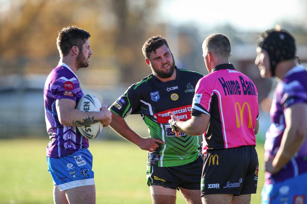 ARE YOU SERIOUS, PUDGE: Albury Thunder's Robbie Byatt (centre) admits he called his brother and referee Sean by the family nickname of 'Pudge' during the game against Tumut on Saturday. Picture: JAMES WILTSHIRE