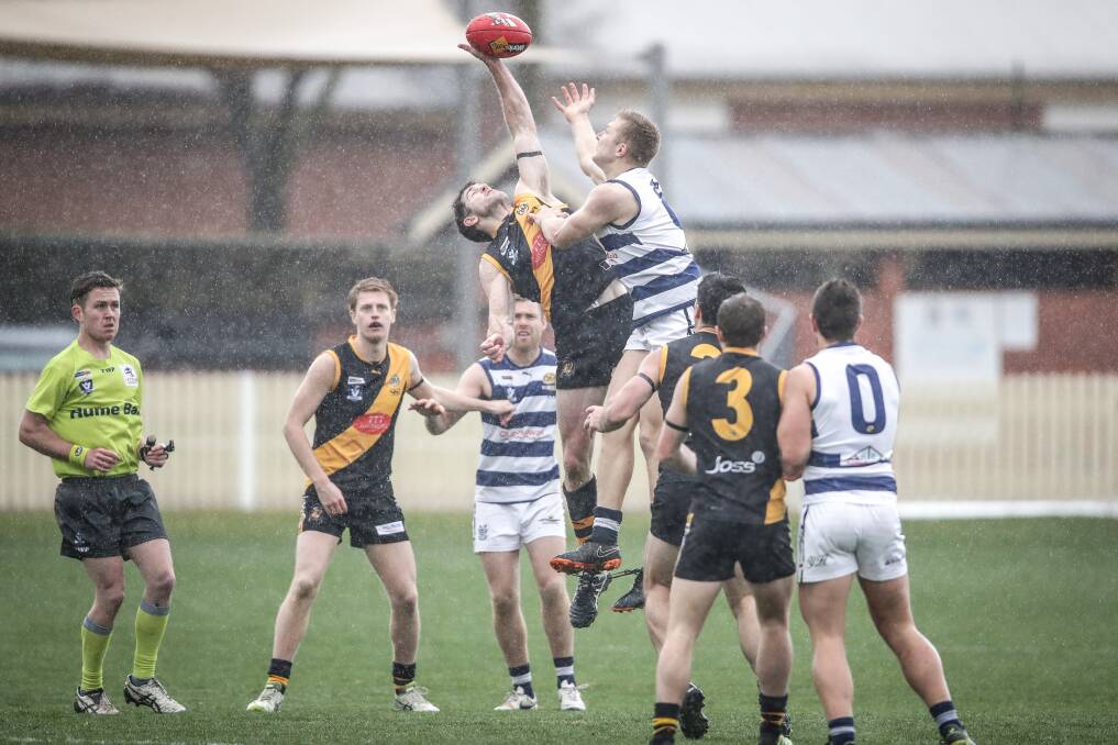 Albury's Shaun Daly (touching ball) battles Yarrawonga's Jake Wild in the ruck. Picture: JAMES WILTSHIRE