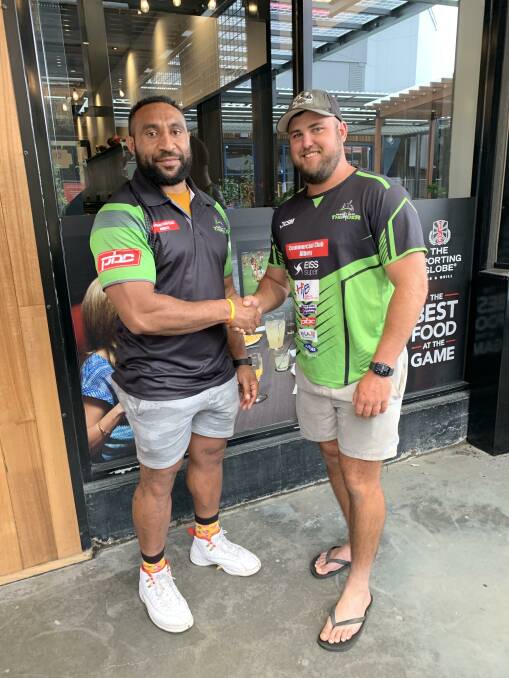 Albury Thuner coach Robbie Byatt (right) travelled to Melbourne on the weekend to sign Jackins Olam.