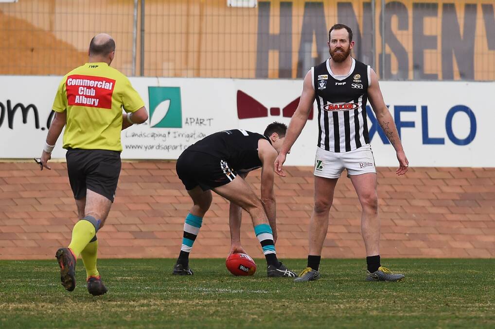 YOU'RE KIDDING ME: Wangaratta's Michael Newton can't believe a free kick has been paid against him in the win over Lavington. Picture: MARK JESSER