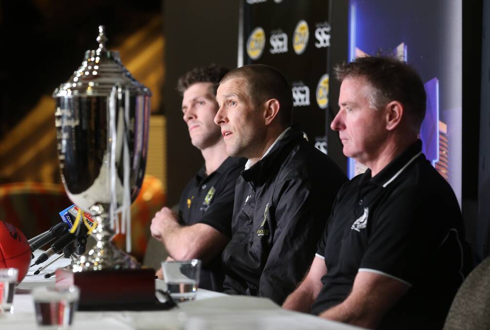 THE DECIDER: Albury co-coaches Shaun Daly (left) and Chris Hyde join
Wangaratta mentor Dean Stone at the grand final press
conference, ahead of Sunday. Picture: KYLIE ESLER