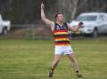 Nick Brockley celebrated this goal for Billabong Crows when he played in the Hume League, but he had the chance to celebrate two goals for Cudgewa on Saturday.