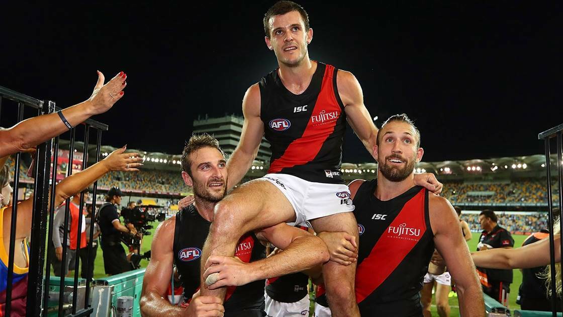 Brent Stanton is chaired off in 2017 after an outstanding career with the Bombers, playing 255 games over 14 seasons. Picture: ESSENDON FC