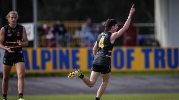 EMERGING STAR: Murray Bushrangers Darcy Wilson celebrates kicking a goal against Gippsland Power on Sunday. Picture: JAMES WILTSHIRE