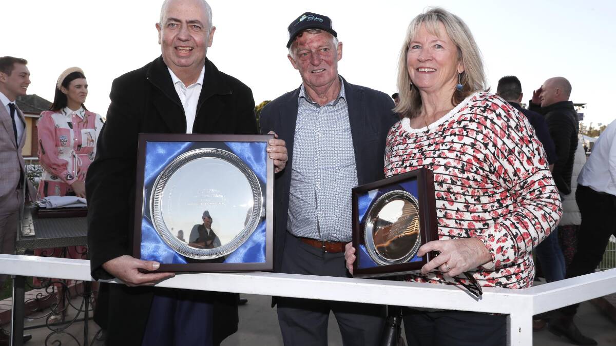 WINNERS: Part-owner Anthony Apps, trainer Geoff Duryea and wife Maueen celebrate Front Page's win in the Wagga Town Plate (1200m). 