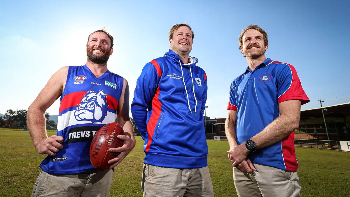 STILL GOT IT: Bulldogs Matt Osborne, Nathan Chamings and Tom Weldon are looking forward to the reunion. Picture: JAMES WILTSHIRE