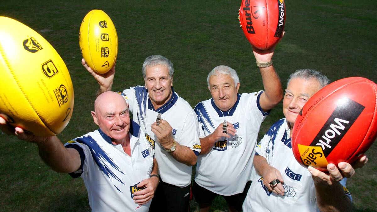 SADLY MISSED: Bob "Boola" Mannering, second from left, was made an official legend of the Albury Umpires League in 2014. He passed away in March, aged 85.