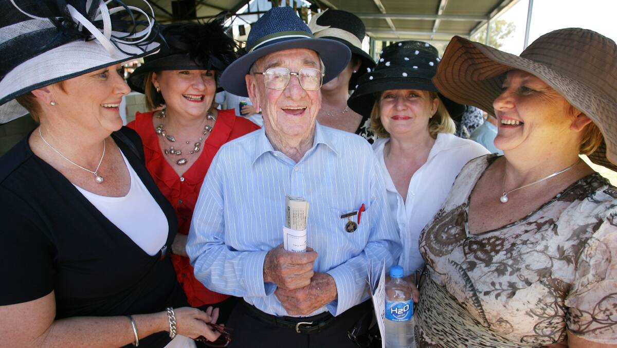 THE LEGEND: Bert Honeychurch  with his daughters Joanne Dean, Bernadette Murray, Marg Hall, Gella Theodore and Lynne Merrall at Berrigan races in 2008.