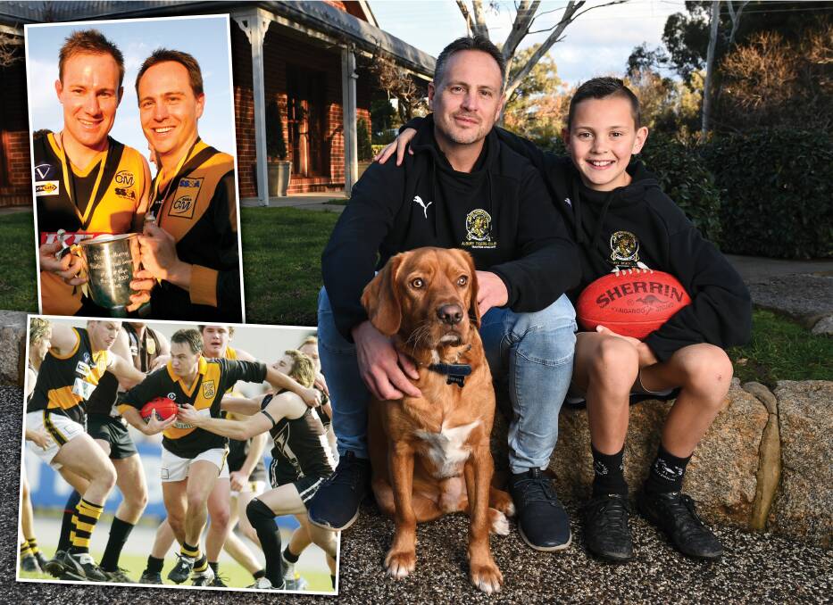 Jason Sheather relaxes at home with son Tom and his pet dog Sam. Picture: MARK JESSER