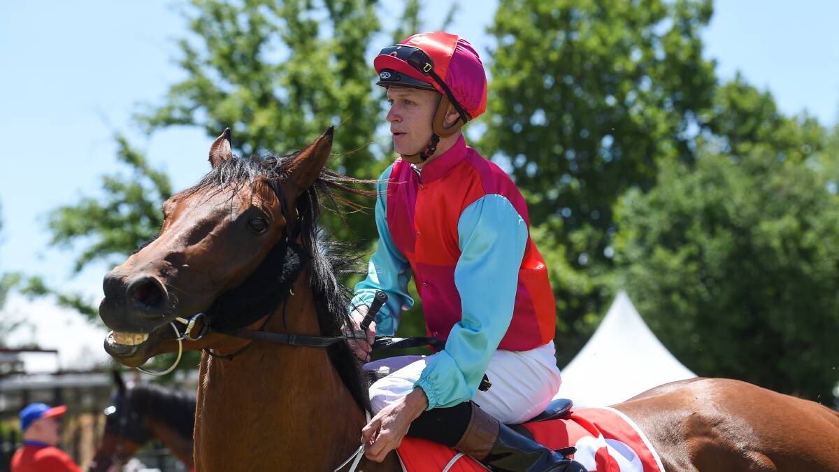 TREBLE: Jockey Blaike McDougall returns to scale aboard Mellors. The in-form hoop was at his brilliant best at Albury on Saturday after three wins and two seconds from seven mounts. Picture: MARK JESSER