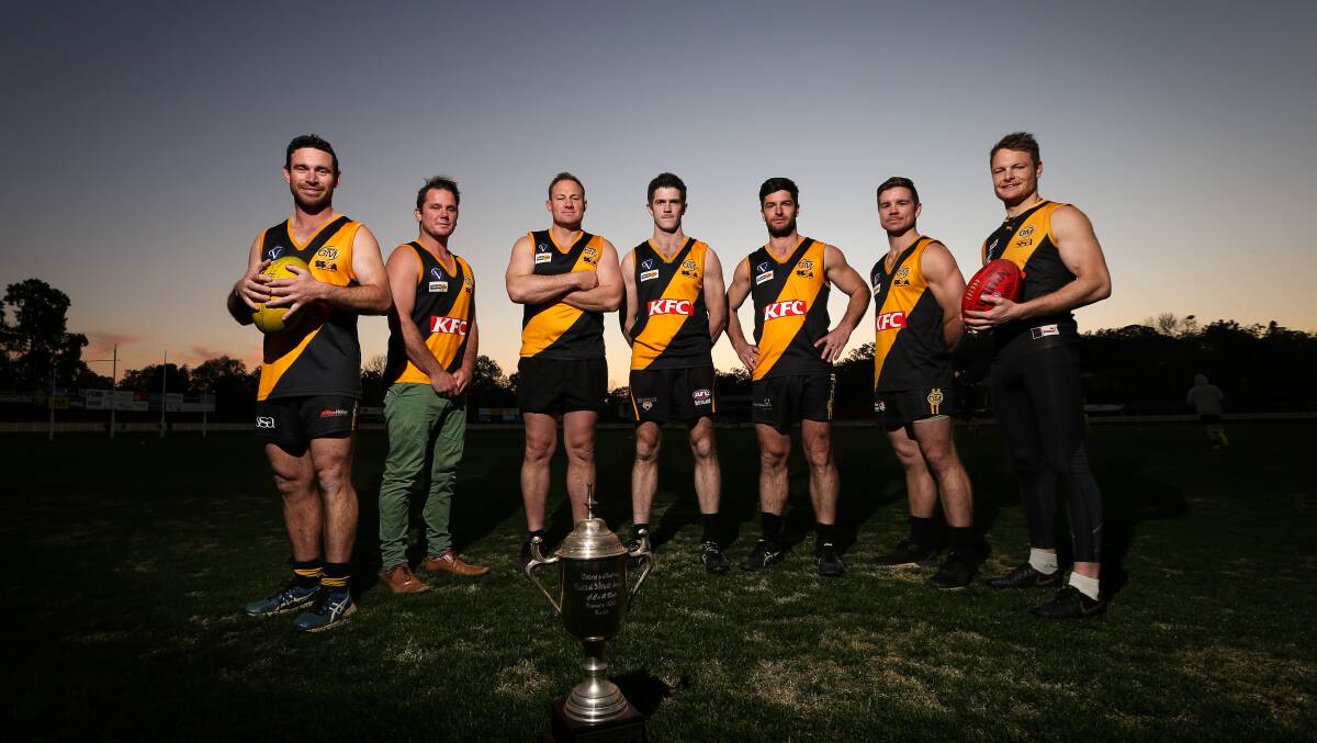 TIGER TIME: Albury will celebrate its 2009 flag triumph this weekend. Luke Packer, Jayden Kotzur, Matt Fowler, Shaun Daly, Joel Mackie, Joel O'Connell and Luke Daly are looking forward to reminiscing. Picture: JAMES WILTSHIRE