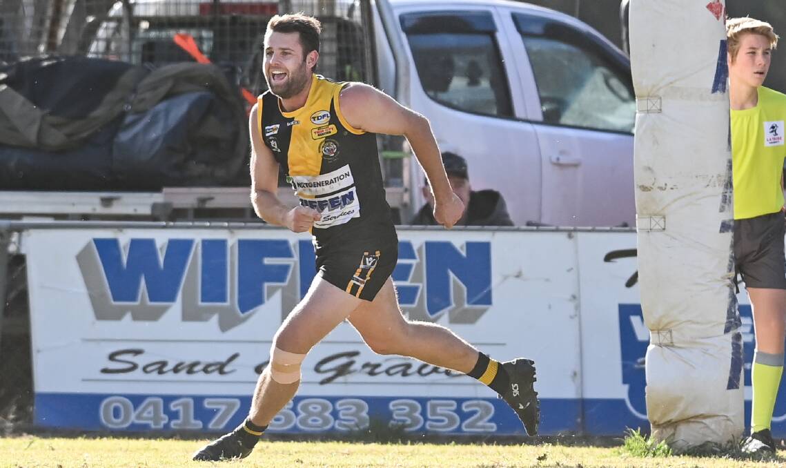 Mitch Exton celebrates a goal with his former club Barnawartha in 2020. Picture by Mark Jesser