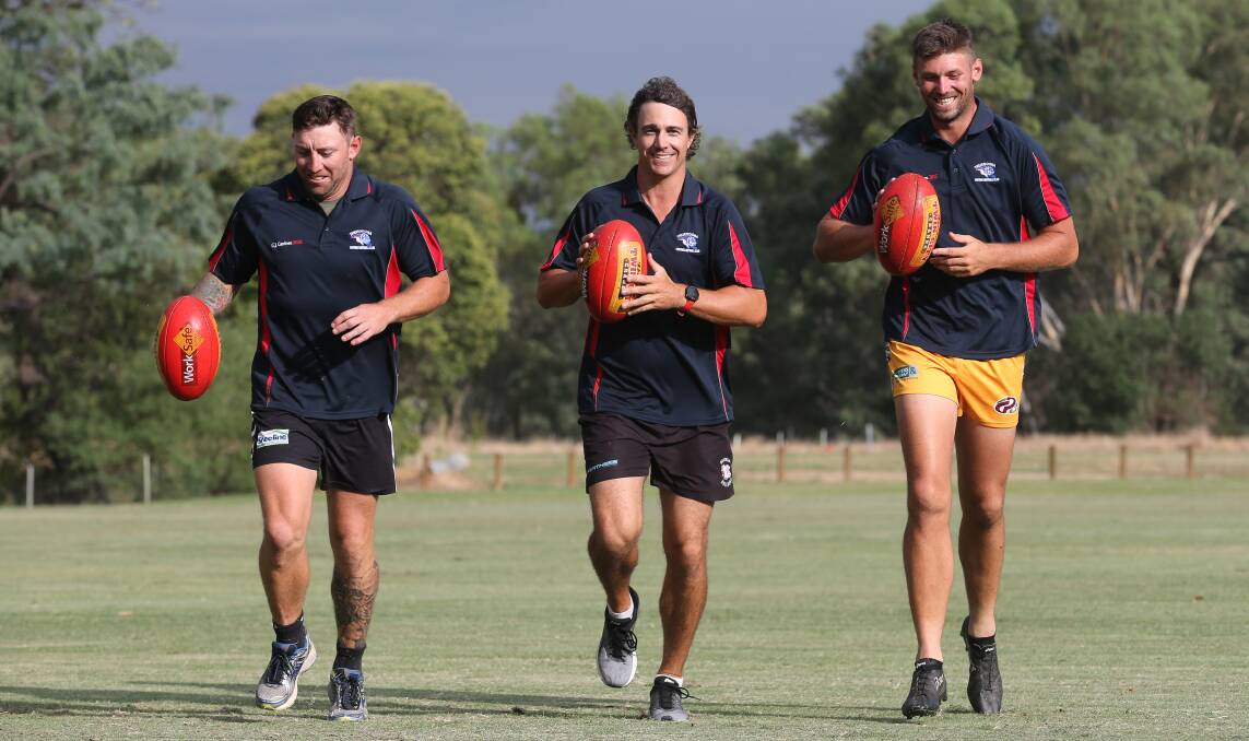 NEW RECRUITS: Josh Maher, coach Brett Doswell and Jesse Johnston at Thurgoona training last week. Picture: KYLIE ESLER
