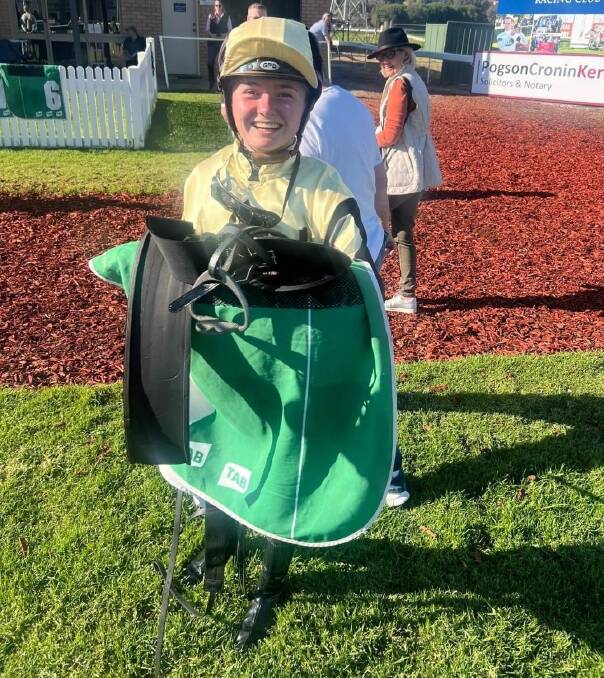 A beaming Amy O'Driscoll after landing her first winner aboard the Donna Scott-trained Princess Halo at Albury on Monday.