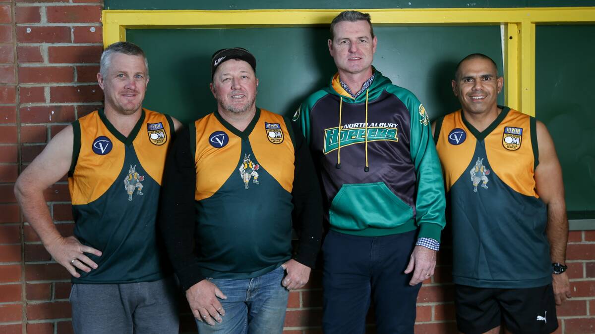 PREMIERSHIP HERO'S: Former North Albury players Clint Eckhardt, Jason McInnes, Shannon Barber and Robbie Murray are looking forward to the 1999 premiership reunion this weekend. Picture: TARA TREWHELLA