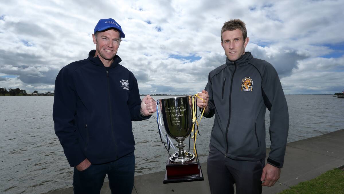 EYE ON THE PRIZE: Chris Kennedy and Chris Hyde with the 2013 premiership cup.