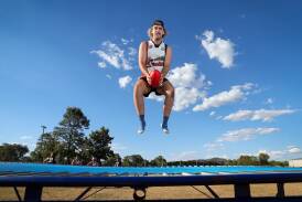 Brock-Burrum's Aden Clare on the trampoline at a recent Saints training session. PIcture by James Wiltshire