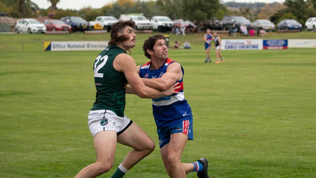 Tim Oosterhoff wrestles with Turvey Park defender Tim Doyle during a Riverina League game at Maher Oval this season. Picture by Madeline Begley
