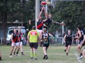 THE BIG MEN FLY: Bonnie Doon's Jaden Findlay contests a hit-out against big Panther Nicholas Spencer. Picture: GARRY JONES