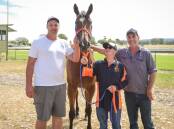 Wodonga trainer Heath Maclean, strapper Lenny Andrews and part-owner Connor Barton with Testing The Cugat on Wednesday. Picture by James Wiltshire