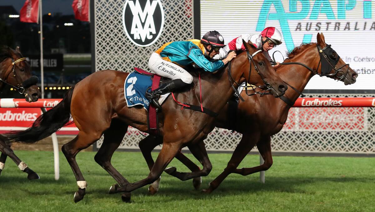 PIPPED: The Donna Scott-train Oamanikka (outside) was narrowly beaten at Moonee Valley on Friday night. Picture: RACING PHOTOS