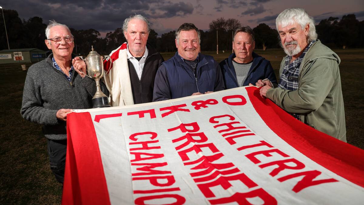 REUNION: 1982 Chiltern premiership players John Everon, Jock Lappin, Mark Stephens, Kieth Vandermeer and Hohn O'Neill are looking forward to the celebrations this weekend. Picture: JAMES WILTSHIRE