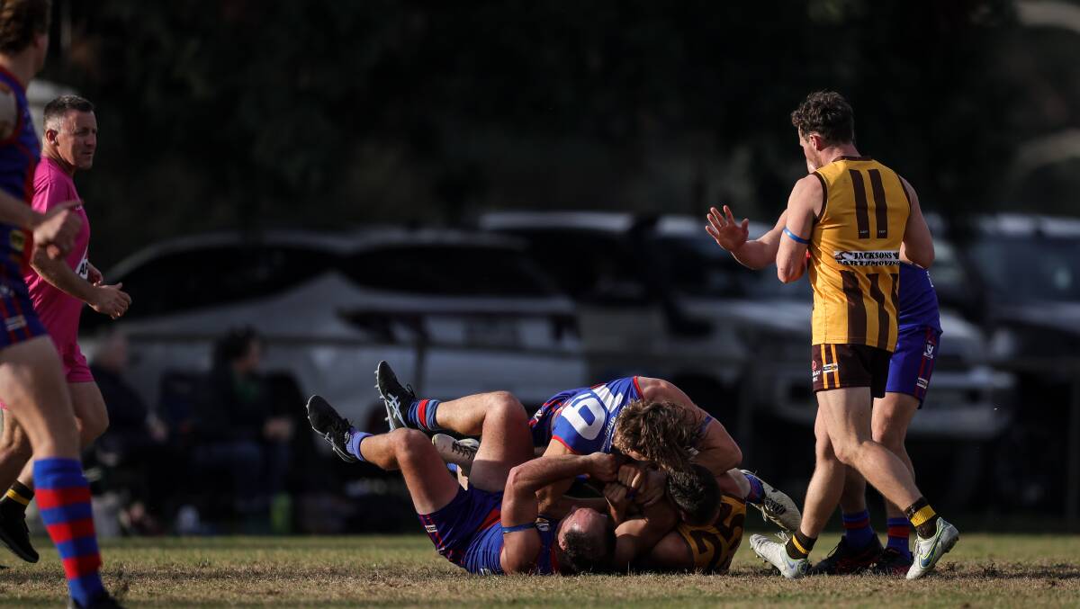 There was plenty of push and shove between Beechworth and Kiewa-Sandy Creek on Saturday. Picture by James Wiltshire