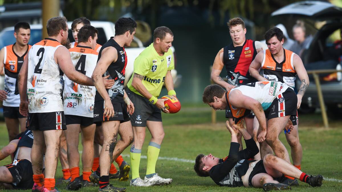 FIREWORKS: Tempers threatened to boilover in the clash between Dederang Mt Beauty and Wodonga Saints on Saturday. Picture: MARK JESSER