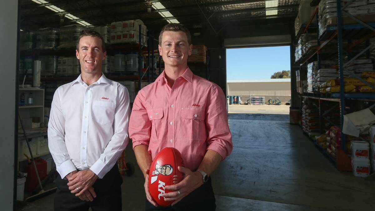 COLLEAGUES: Pigeon star Xavier Leslie and recruit Sam Schulz both work for Elders Rural in Yarrawonga.