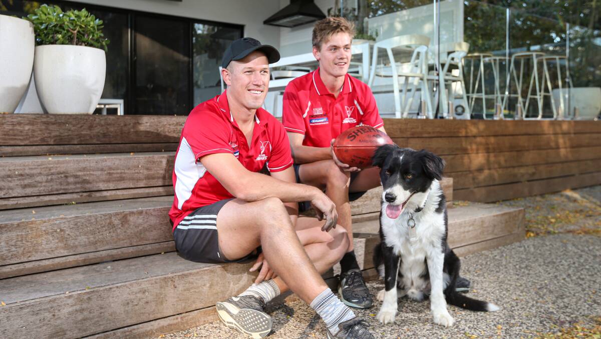 RELAXED: Chiltern workmates Brad Hibberson and Kyle Cooper with Sonny ahead of Saturday's clash with Thurgoona. Picture: JAMES WILTSHIRE