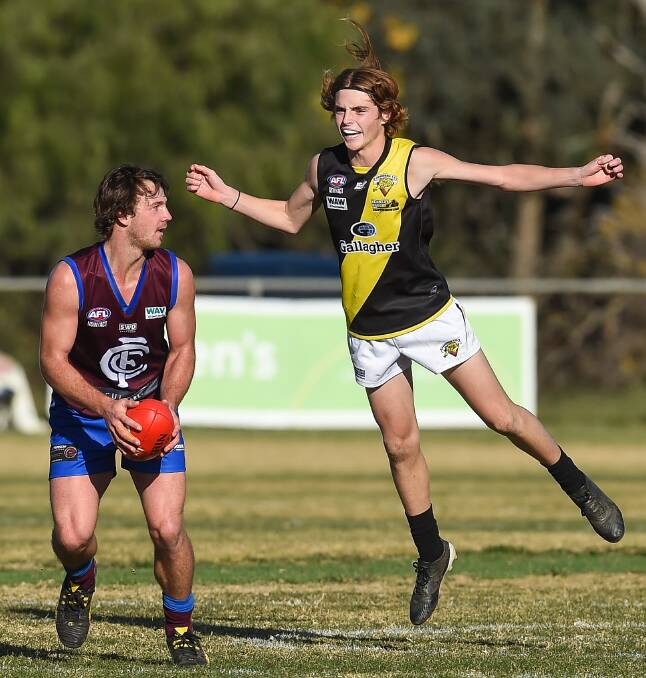 CLASS ACT: Culcairn's Jye Shields looks for options as Edward O'Connell applies pressure. Pictures: MARK JESSER