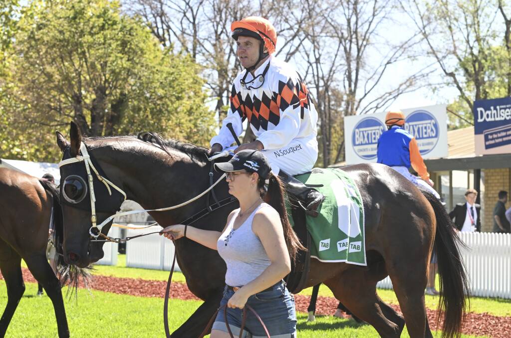 Wodonga jockey Nick Souquet returns to scale aboard the Kym Davison-trained Check Side in the opening race on Albury Gold Cup day. Picture by Mark Jesser
