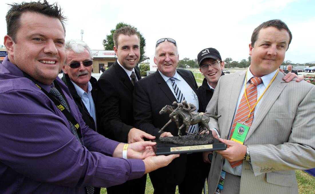 Some of the connections of Cosmic Fury after he won on Albury Gold Cup day.