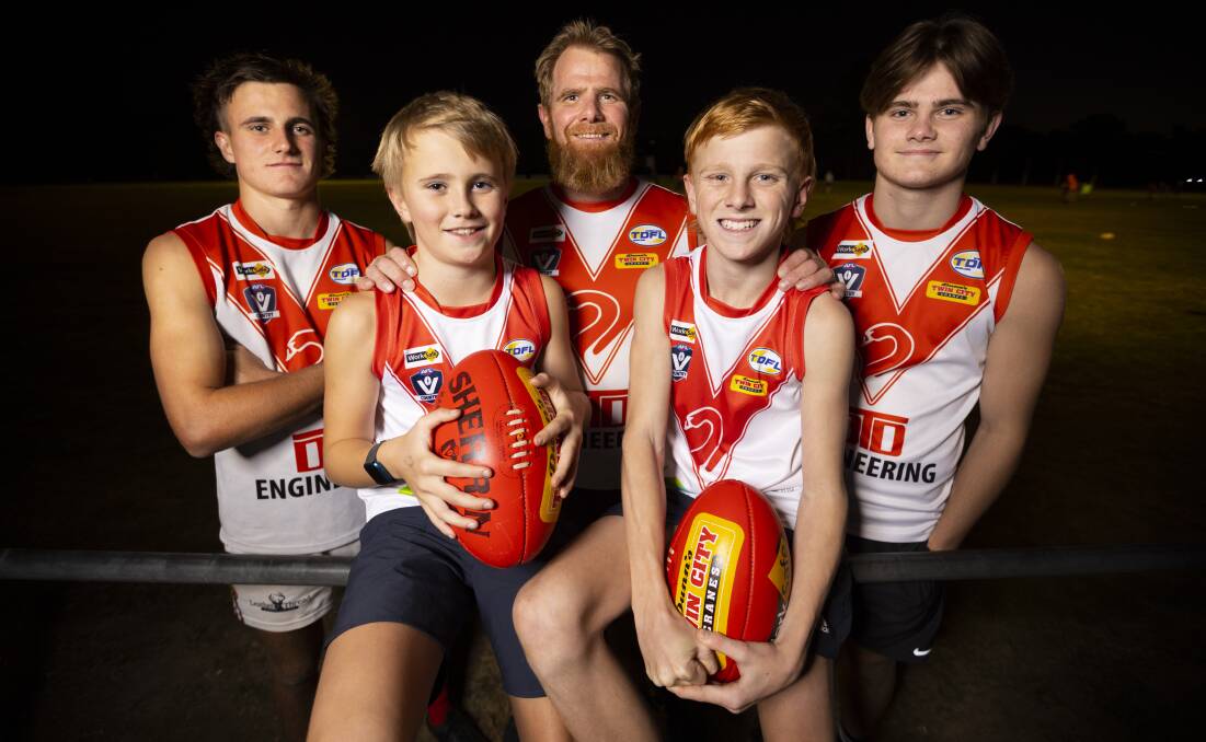 FAMILY AFFAIR: Wayne Shannon with his sons Will 18, Brodie 11, Coby 12 and Riley 17 who are all enjoying Chiltern's emergence as force in the Tallangatta league. Picture: ASH SMITH