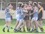 PUSH AND SHOVE: Albury and Lavington players engage in a bit a push and shove on Saturday. Picture: MARK JESSER