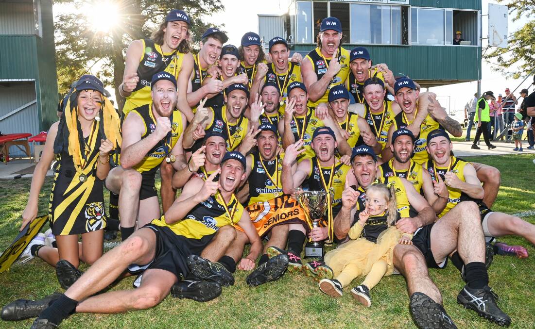 Osborne players celebrate last year's grand final triumph to send departing coach Joel Mackie off with the ultimate success. Picture by Mark Jesser