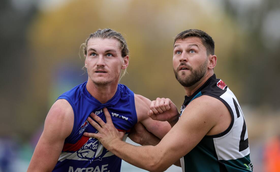 Opposing ruckmen in Jindera's Thomas Findley and CDBHU's Callum Butler contest a boundary throw in. Picture by James Wiltshire