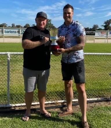 ALL SMILES: Takissacod part-owners Brendan Huggard and Matty Robinson with the Corowa Cup won earlier this year.