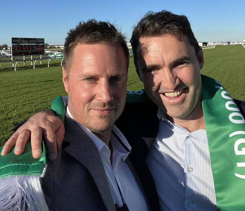 PRICELESS: Damien Ritchie and Lydon Galvin celebrate Eduardo's victory in the Group one Doomben 10,000 earlier this year. It was Eduardo's second Group one victory of his career.